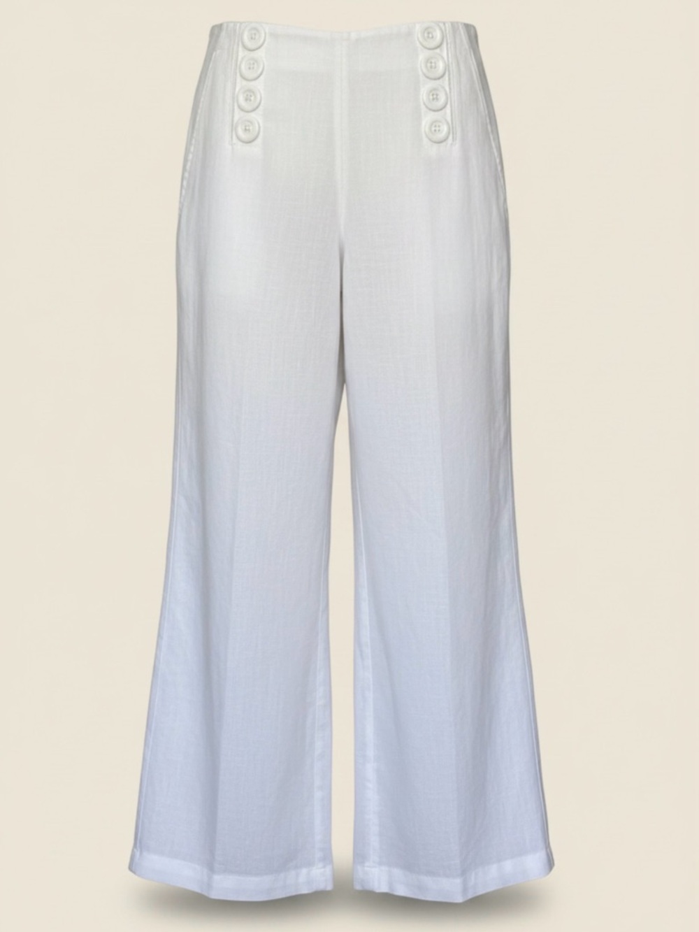 Kenar White 100% Linen Wide Leg Pants |Nautical Button Detail | Fully Lined